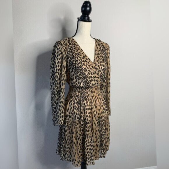 Rebecca Taylor Leopard Print Long Sleeve Plunged Neckline Mini Dress - Picture 3 of 16